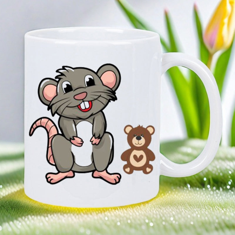 Tailorly White Ceramic 11 oz Mug - Friendly Cartoon Grey Mouse Standing Beside Small Brown Sweet Heart Bear Mouse