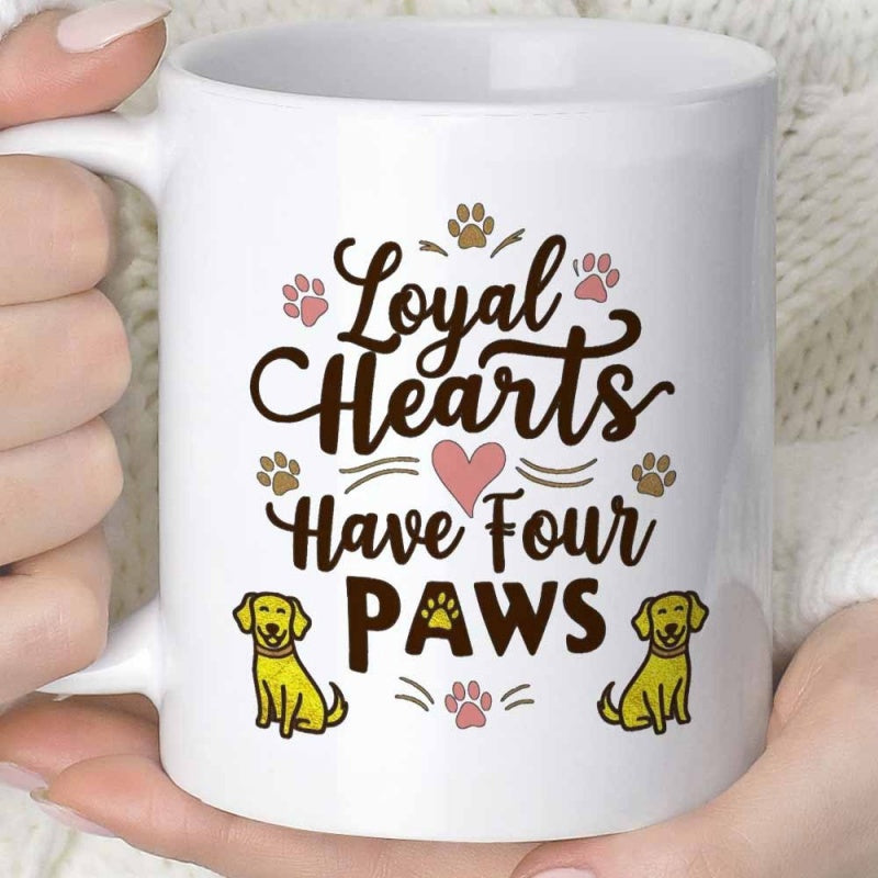 Tailorly White Ceramic 11 oz Mug - Loyal Hearts Have Four Paws Loyal Sitting Golden Dogs With Sweet Paw Prints And Pink Heart Dog