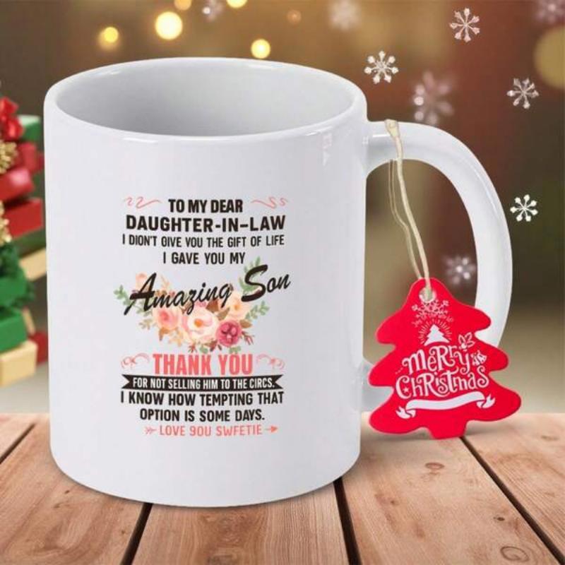 Tailorly White Ceramic 11 oz Mug - To My Dear Daughter In Law Amazing Son Blooming Watercolor Petals Surrounding Elegant Cursive Text On White Surface Flower