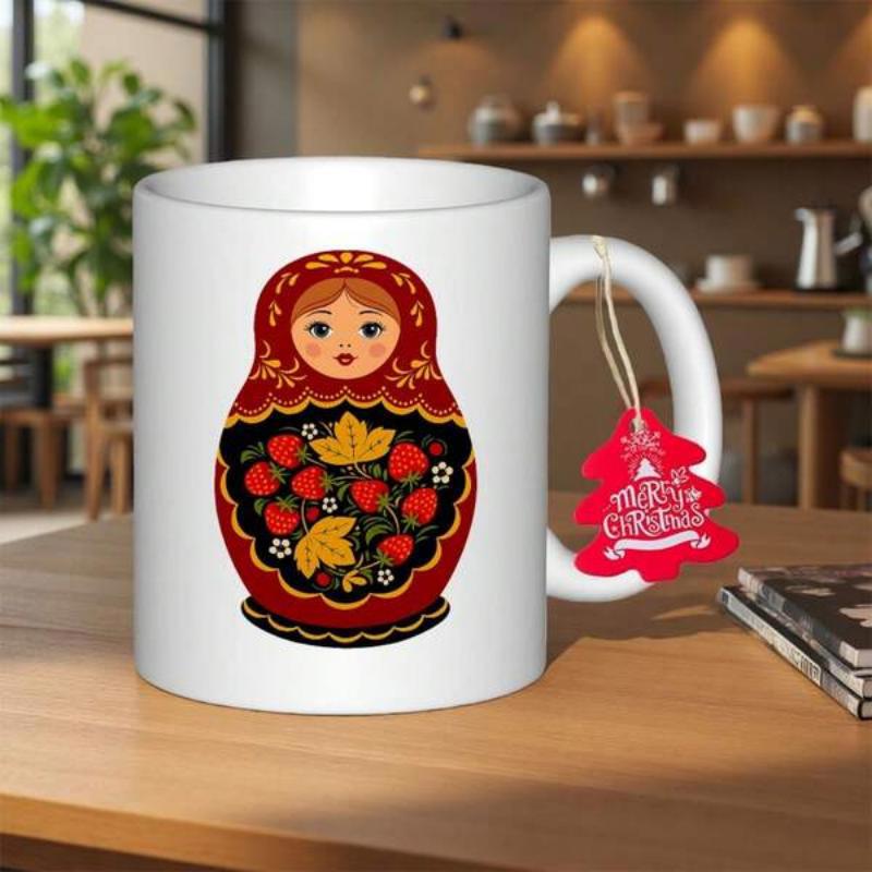 Tailorly White Ceramic 11 oz Mug - Merry Christmas Traditional Folk Art Matryoshka Featuring Red Strawberry Patterns Decorative Nesting Doll