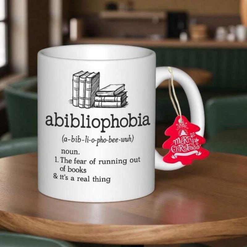Tailorly White Ceramic 11 oz Mug - Abibliophobia The Fear Of Running Out Of Books Its A Real Thing Minimalist Hand Drawn Sketch Of Stacked Literary Hardcover