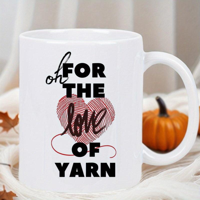 Tailorly White Ceramic 11 oz Mug - Oh For The Love Of Yarn Red Textured Yarn Ball Forming A Heart Shape With Loose Thread Heart