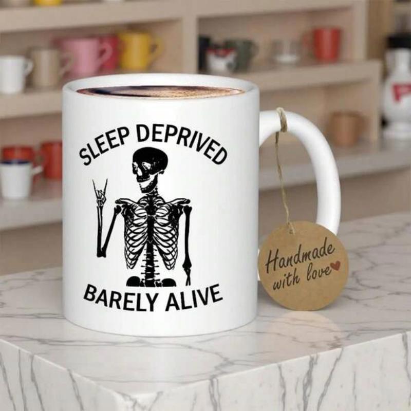 Tailorly White Ceramic 11 oz Mug - Sleep Deprived Barely Alive Artistic Black Ink Drawing Showing Hand Gesture On Clean Surface Skeleton