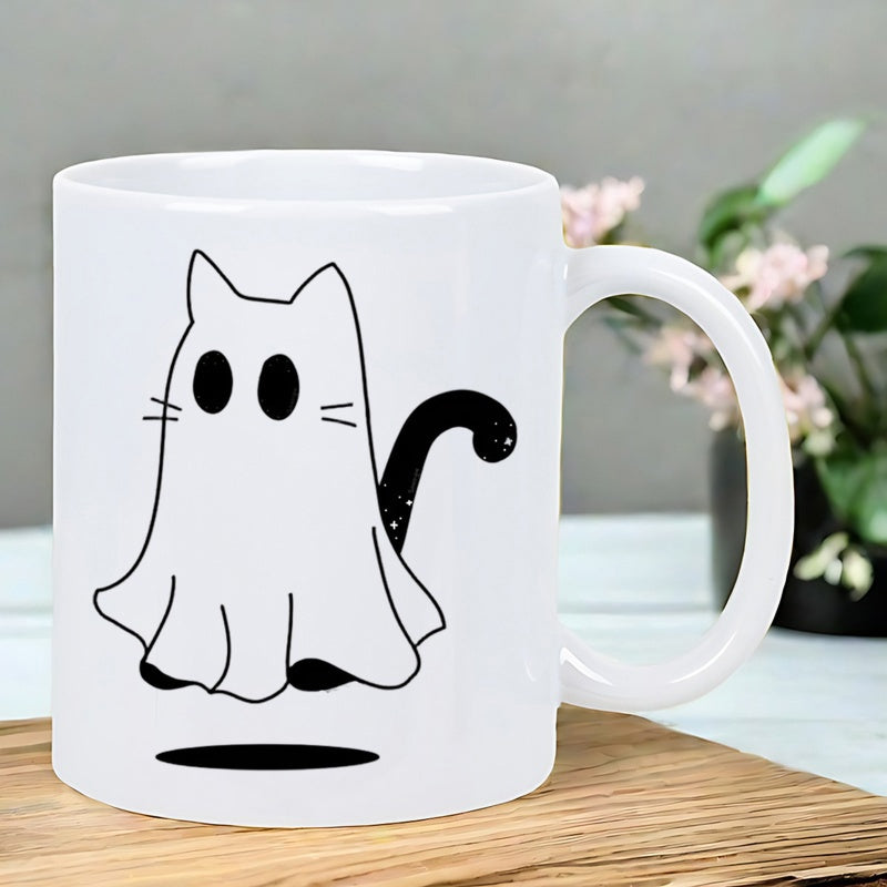 Tailorly White Ceramic 11 oz Mug - Simple Line Art Of Playful Halloween Spirit Wearing White Sheet Ghost Cat