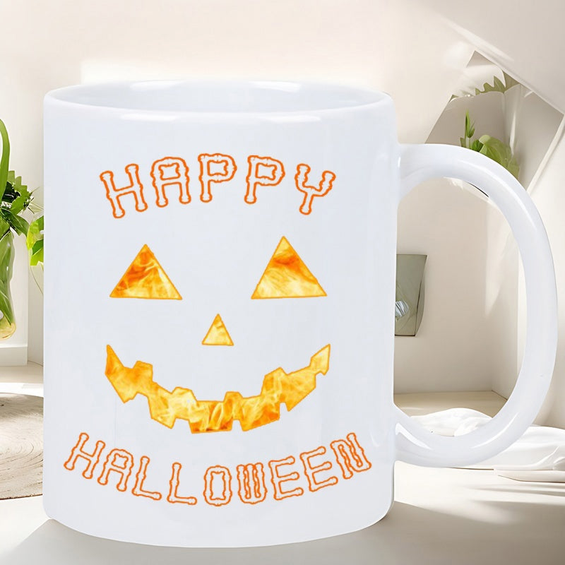Tailorly White Ceramic 11 oz Mug - Happy Halloween Spooky Smiling Carved Face With Golden Radiant Texture For Festive Pumpkin