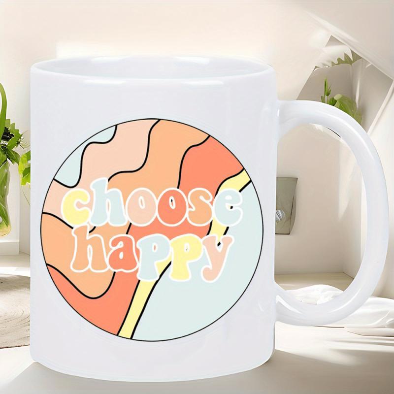 Tailorly White Ceramic 11 oz Mug - Choose Happy Retro Groovy Circular Frame Featuring Vibrant Wavy Pastel Colored Stripes Mug