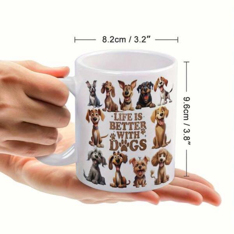 Tailorly White Ceramic 11 oz Mug - Life Is Better With Dogs Cute Collection Of Various Small Cartoon Dog Breeds Sitting In Rows Dogs