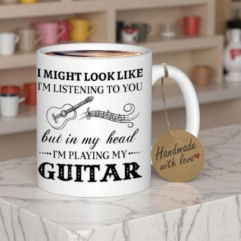 Tailorly White Ceramic 11 oz Mug - I Might Look Like I'm Listening To You But In My Head I'm Playing My Guitar Classic Acoustic Instrument With Elegant Swirling