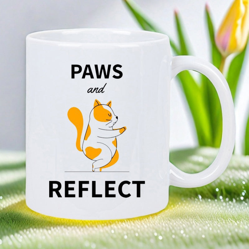 Tailorly White Ceramic 11 oz Mug - Paws And Reflect Minimalist Cartoon Ginger White Cat Sitting In A Zen Meditative Pose Cat