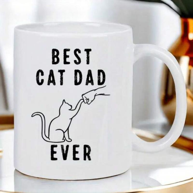 Tailorly White Ceramic 11 oz Mug - Best Cat Dad Ever Minimalist Linear Illustration Featuring A Feline Paw Touching A Human Fist Cat
