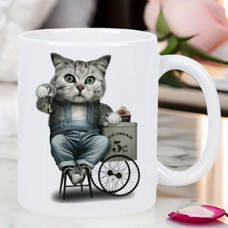 Tailorly White Ceramic 11 oz Mug - Ice Cream Vintage Style Anthropomorphic Grey Tabby Wearing Denim Overalls Sitting Near Cart Cat