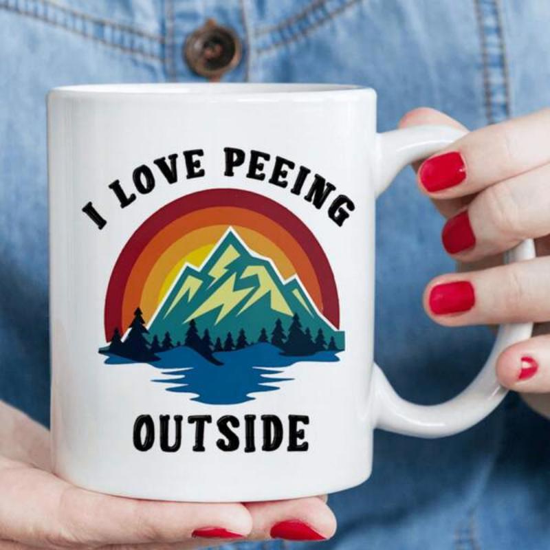 Tailorly White Ceramic 11 oz Mug - I Love Peeing Outside Retro Sunset Arched Over Majestic Peaks And Evergreen Forest Silhouette Mountain