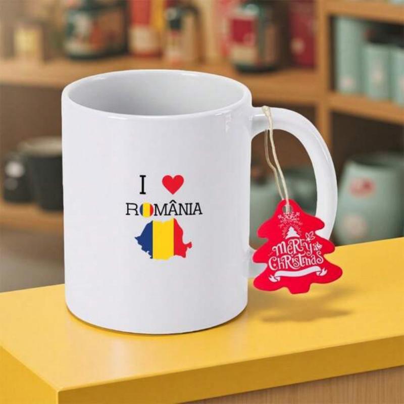 Tailorly White Ceramic 11 oz Mug - I Romania Merry Christmas Stylized Map Of Romania With National Flag Colors And Heart Mug