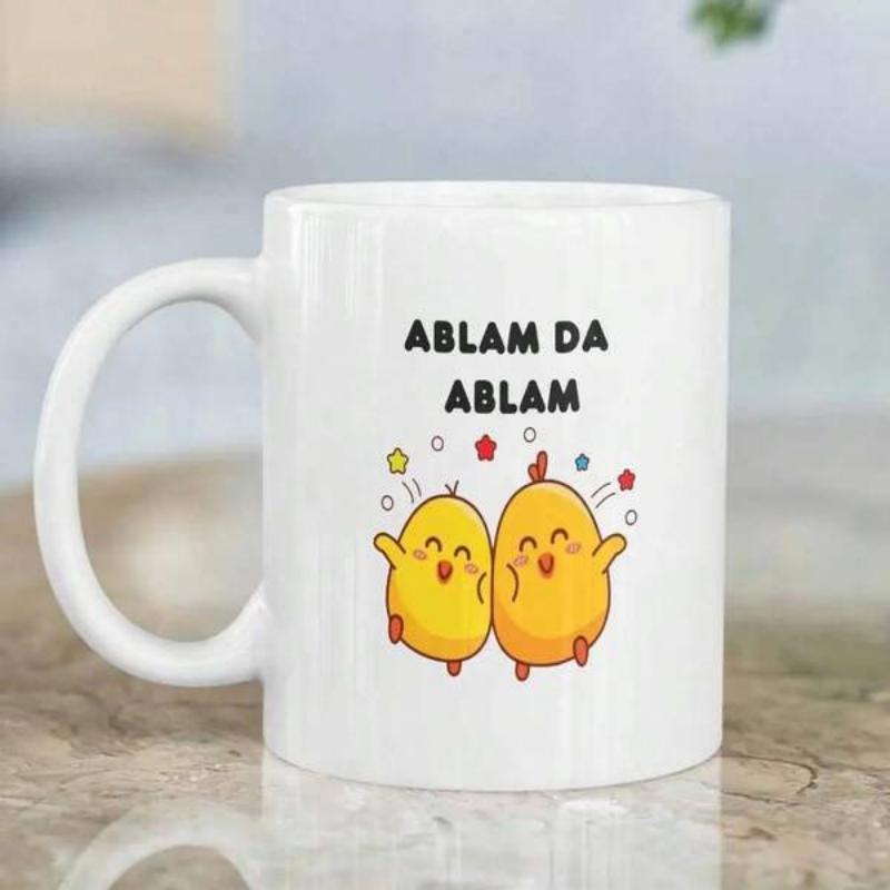 Tailorly White Ceramic 11 oz Mug - Two Little Yellow Cartoon Birds Dancing Joyfully Under Small Colorful Stars Chicks