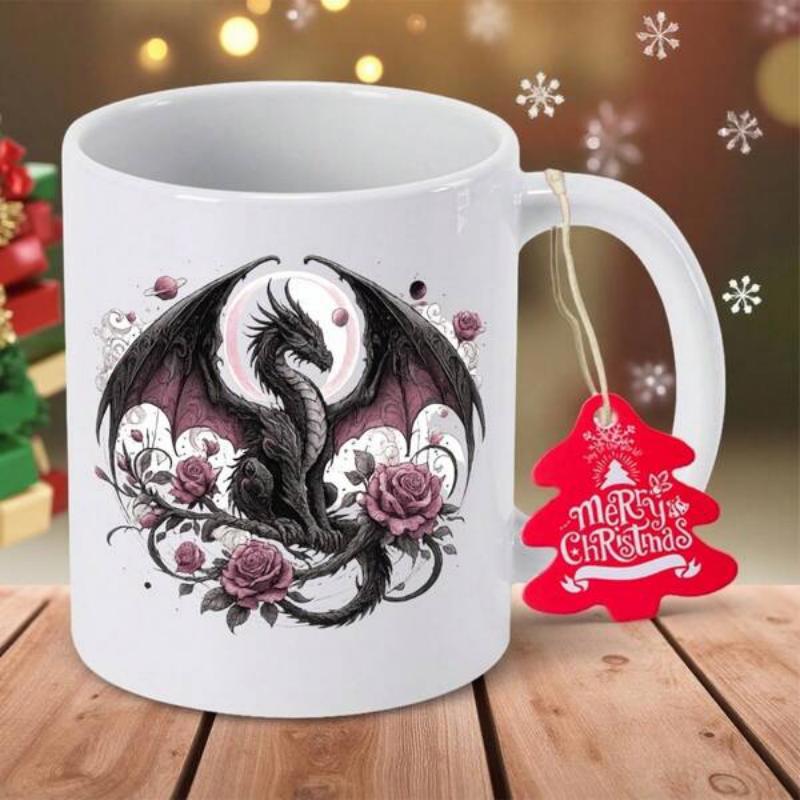 Tailorly White Ceramic 11 oz Mug - Majestic Black Dragon Spreading Wings Among Elegant Purple Roses Fantasy Dragon