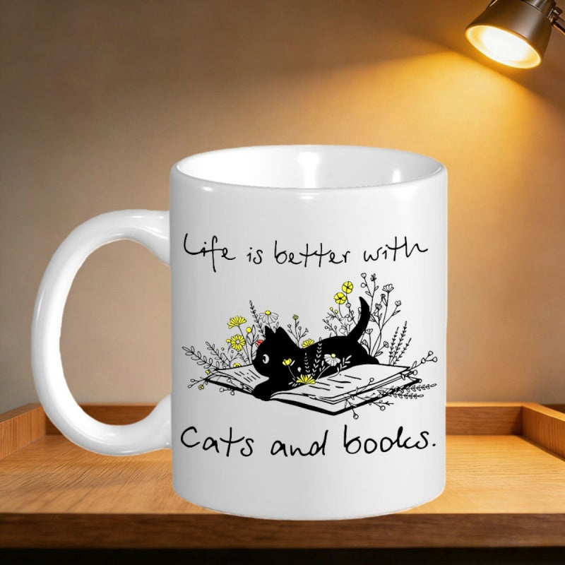 Tailorly White Ceramic 11 oz Mug - Life Is Better With Cats And Books Small Black Silhouette Resting On Open Book Among Delicate Wildflower Stems Cat