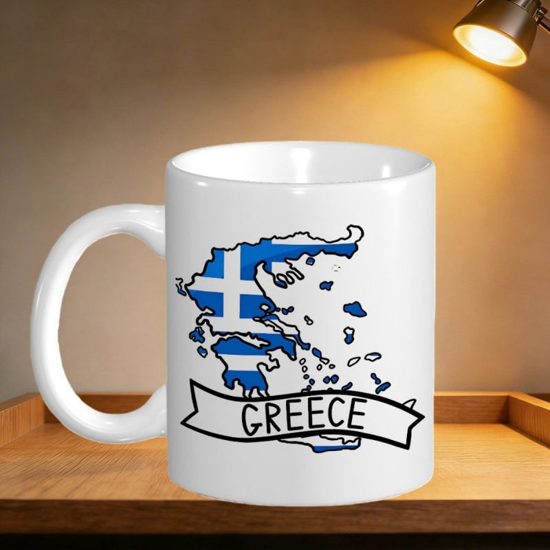 Tailorly White Ceramic 11 oz Mug - Greece National Flag Pattern Within A Detailed Geometric Outline Of Country Map Greece