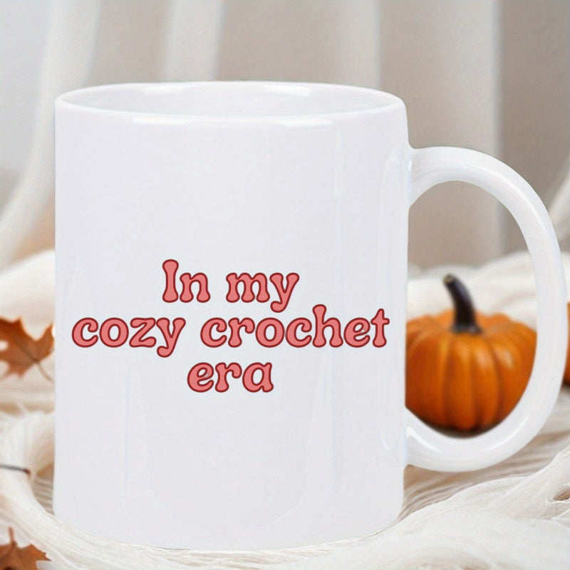 Tailorly White Ceramic 11 oz Mug - In My Cozy Crochet Era Minimalist Pink Bubbly Retro Font Styled For Warm Crafting Hobbies Typography