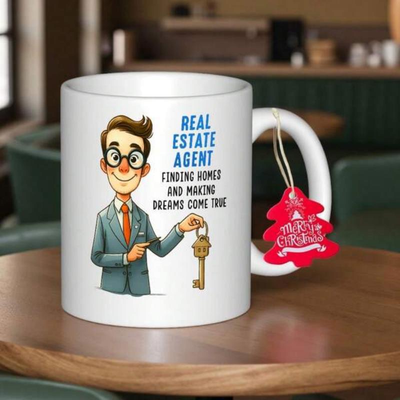 Tailorly White Ceramic 11 oz Mug - Real Estate Agent Finding Homes And Making Dreams Come True Smiling Professional Specialist Holding Golden Key In Hand Standing