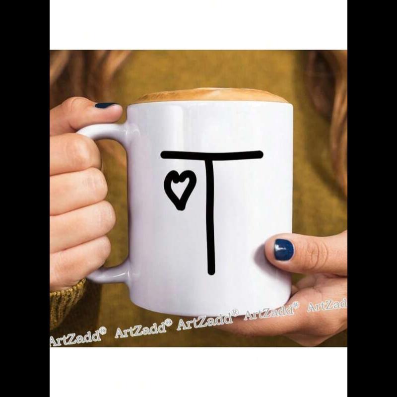 Tailorly White Ceramic 11 oz Mug - T Minimalist Hand Drawn Black Style With A Small Delicate Heart Letter