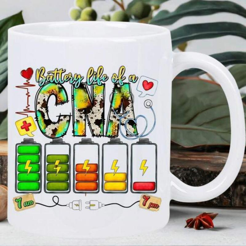 Tailorly White Ceramic 11 oz Mug - Battery Life Of A CNA 7 AM 7 PM Colorful Battery Status Bars With Heartbeat And Stethoscope Mug