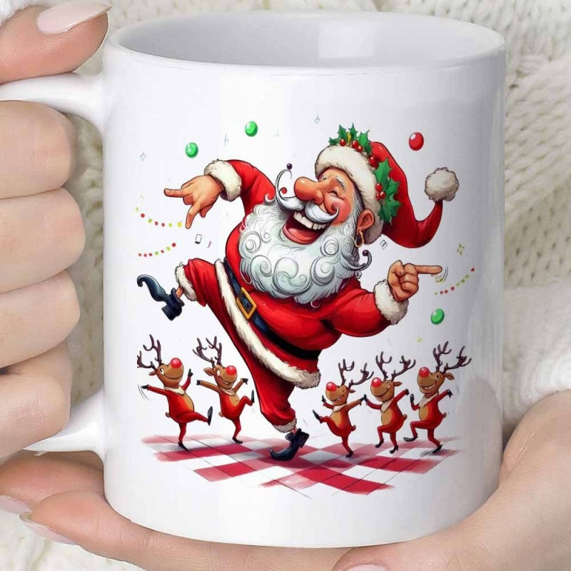Tailorly White Ceramic 11 oz Mug - Joyful Dancing Christmas Figures Surrounded By Tiny Reindeer Under Falling Ornaments Santa