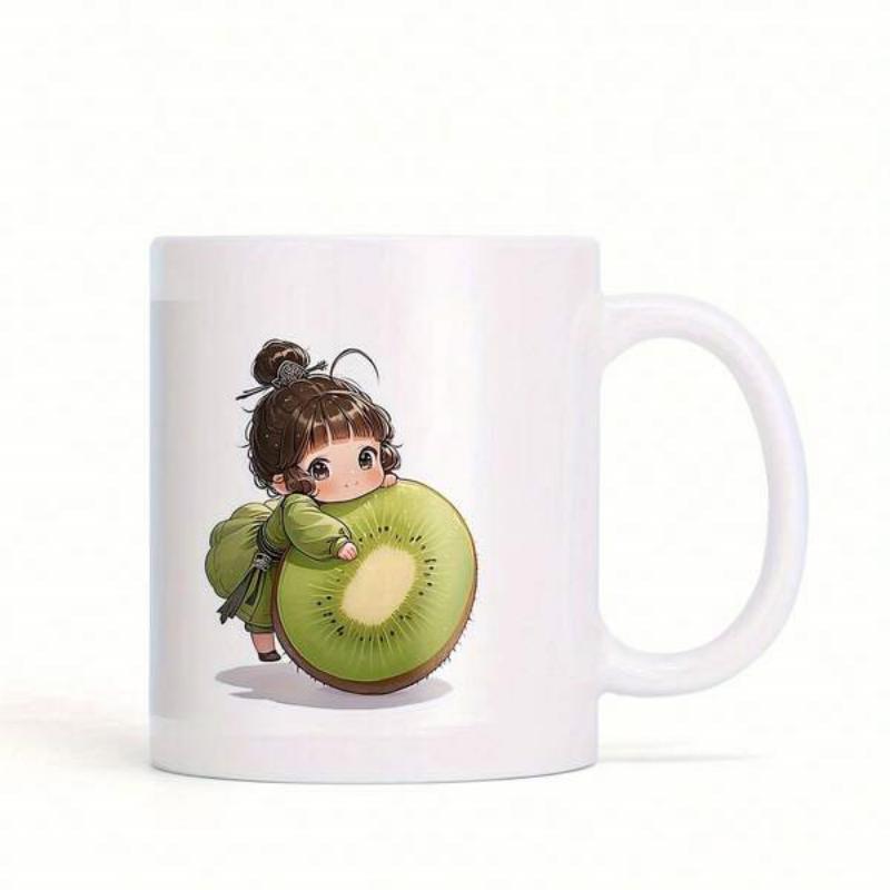 Tailorly White Ceramic 11 oz Mug - Cute Little Chibi Girl Hugging A Large Sliced Fresh Green Kiwi