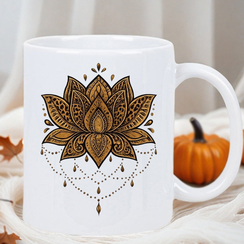 Tailorly White Ceramic 11 oz Mug - Intricate Golden Mandala Pattern With Dotted Chains Beneath Elegant Blooming Sacred Lotus