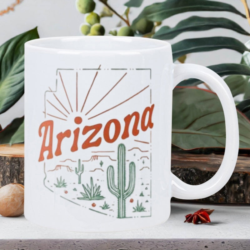 Tailorly White Ceramic 11 oz Mug - Arizona Retro Sunburst Shining Over Desert Landscape With Saguaro Cactus