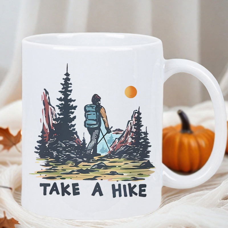 Tailorly White Ceramic 11 oz Mug - Take A Hike Solitary Adventurer Trekking Through Pine Forest And Rugged Wild Mountain Hiker