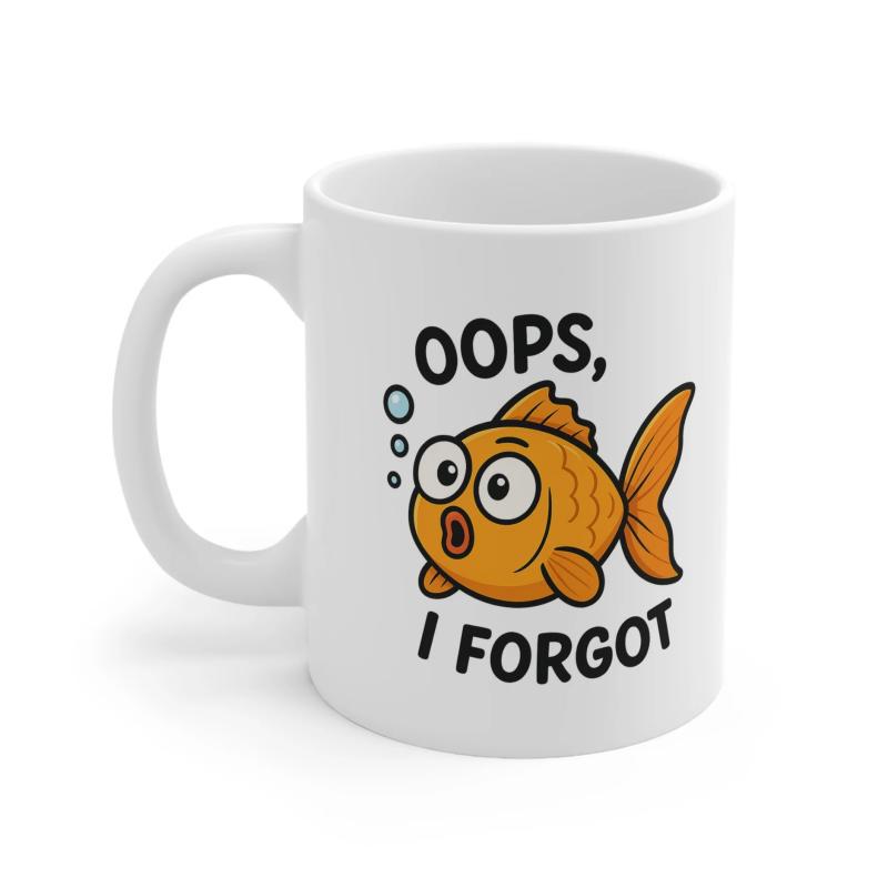 Tailorly White Ceramic 11 oz Mug - Oops I Forgot Cute Orange Cartoon Blowing Small Bubbles Floating In Clear Space Goldfish