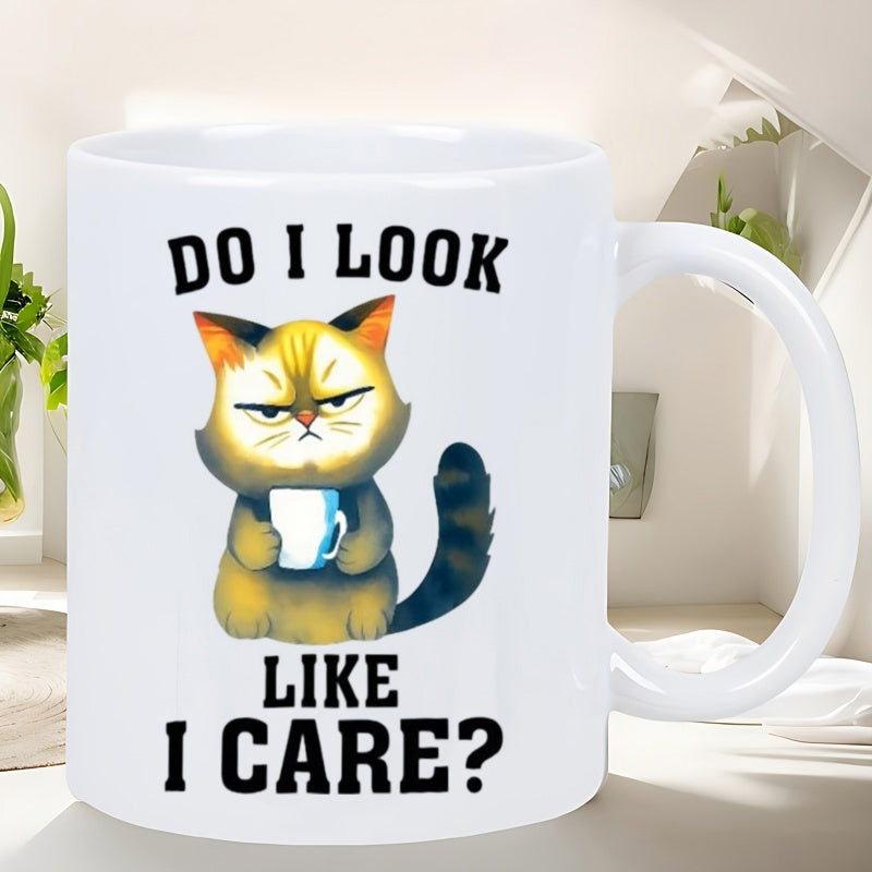 Tailorly White Ceramic 11 oz Mug - Do I Look Like I Care Grumpy Cartoon Feline Holding Coffee Mug With Indifferent Expression Cat