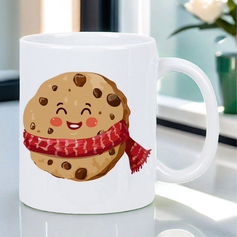 Tailorly White Ceramic 11 oz Mug - Adorable Cartoon Chocolate Chip Character Wearing A Warm Red Knitted Scarf Cookie