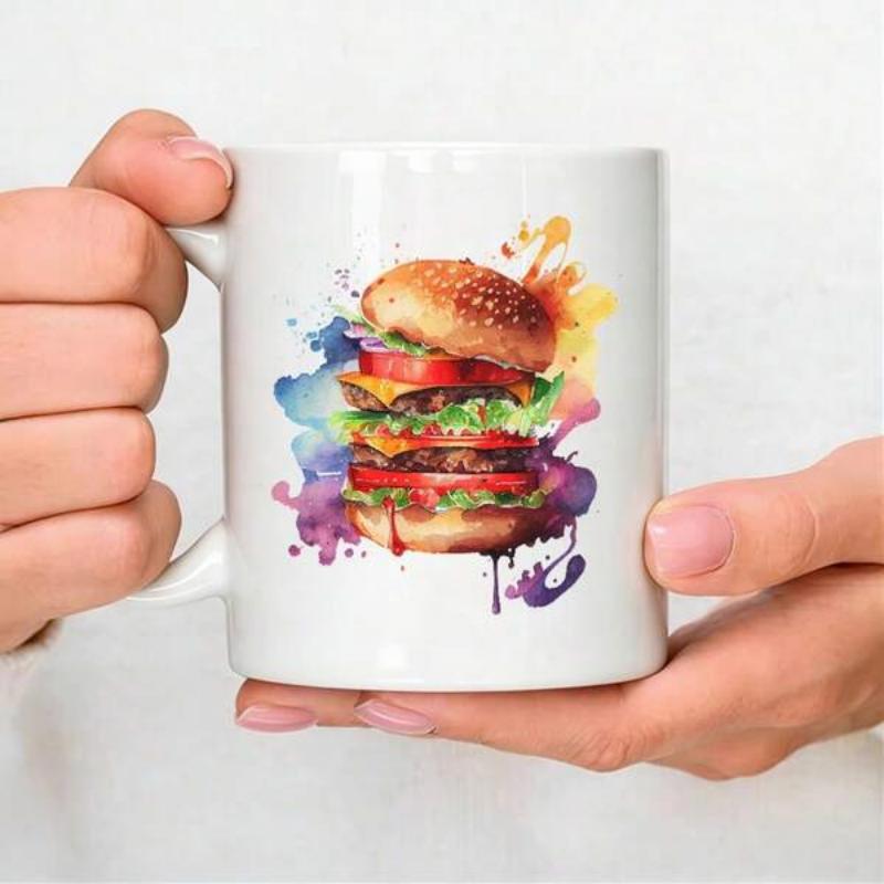 Tailorly White Ceramic 11 oz Mug - Vibrant Artistic Watercolor Splashes Surrounding A Delicious Multi Layered Burger
