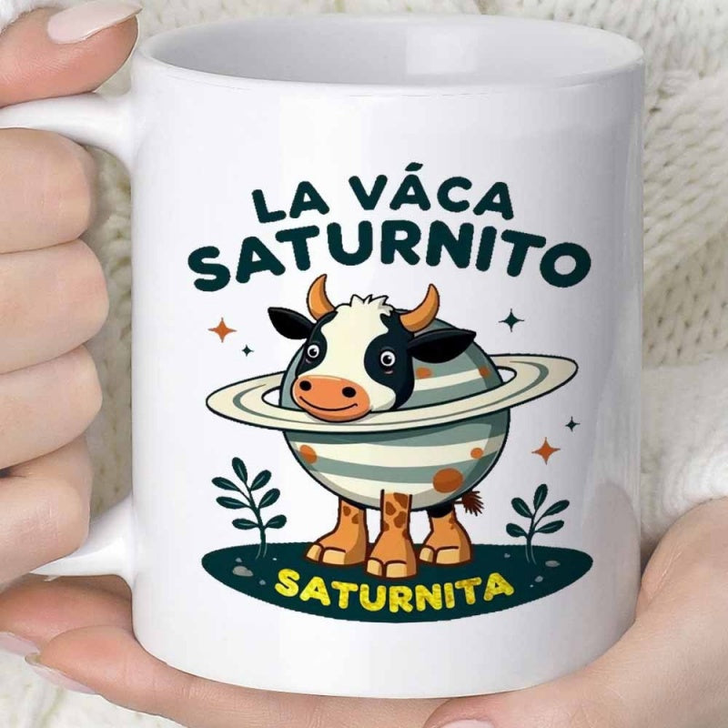 Tailorly White Ceramic 11 oz Mug - Whimsical Cartoon Spotted Cow With Planet Rings And Twinkling Stars Cow