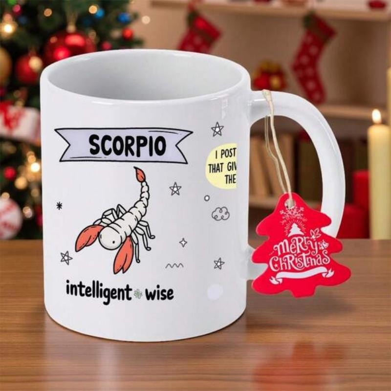 Tailorly White Ceramic 11 oz Mug - Scorpio Intelligent Wise Minimalist Cartoon Zodiac Theme With Decorative Cosmic Stars And Banner Scorpio