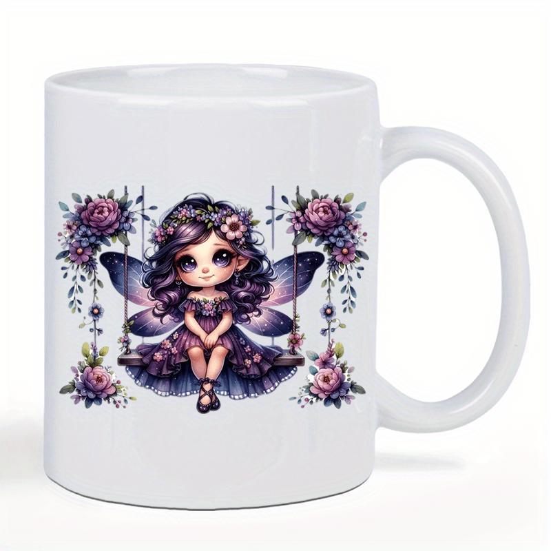 Tailorly White Ceramic 11 oz Mug - Adorable Little Girl With Purple Wings Sitting On Floral Swing Surrounded By Roses Fairy