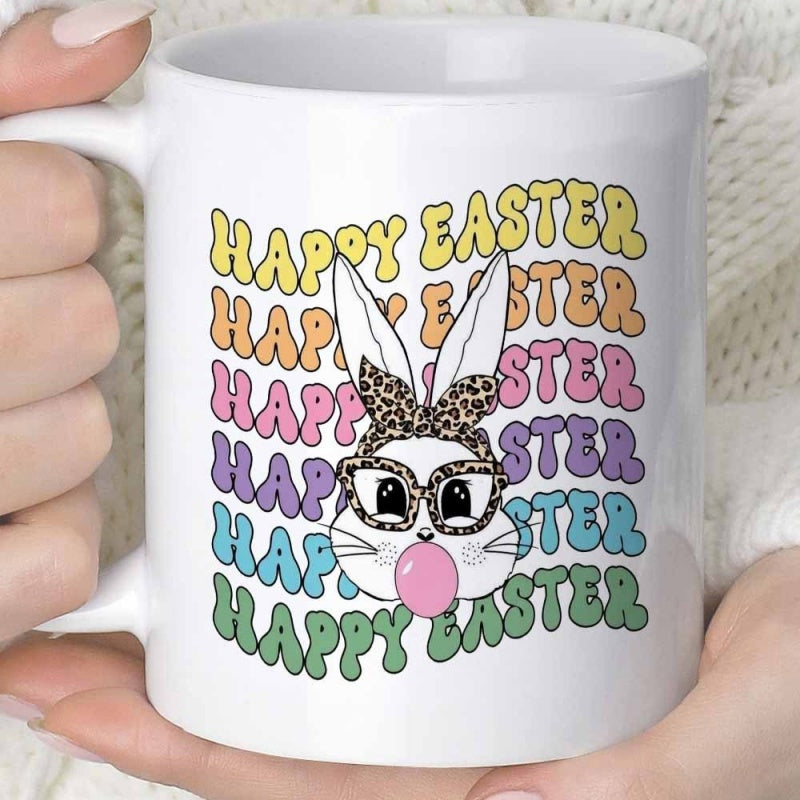 Tailorly White Ceramic 11 oz Mug - Happy Easter Cool Leopard Glasses And Headband Blowing Pink Bubble Gum Rabbit