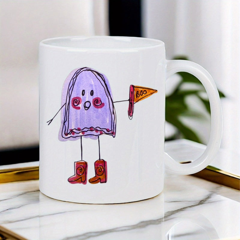 Tailorly White Ceramic 11 oz Mug - Boo Purple Hand Drawn Cute Watercolor Style Wearing Red Boots Holding Flag Ghost