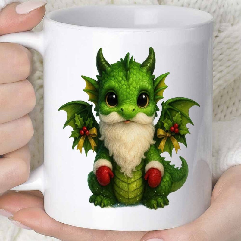 Tailorly White Ceramic 11 oz Mug - Adorable Festive Green Mythical Creature Wearing Red Mittens And White Beard Dragon