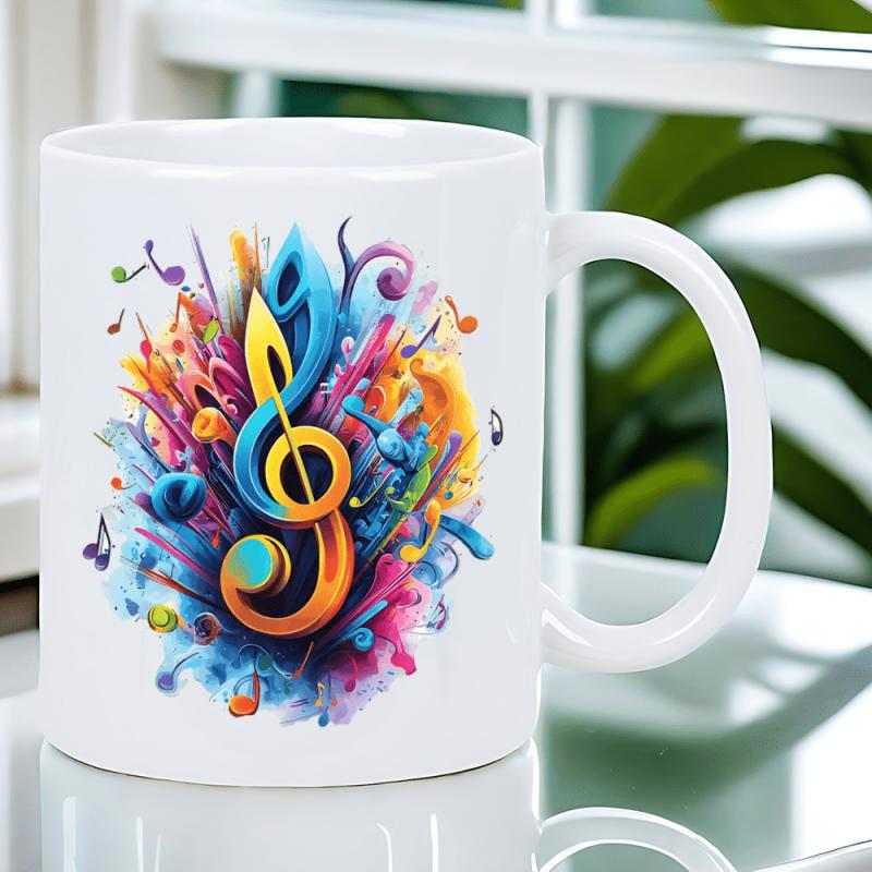 Tailorly White Ceramic 11 oz Mug - Vibrant Artistic Watercolor Splashes Surrounding A Stylized Colorful Treble Clef Note