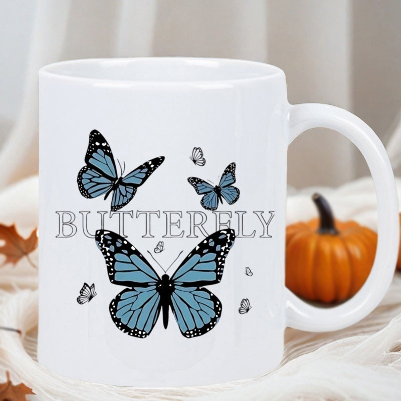 Tailorly White Ceramic 11 oz Mug - Butterfly Elegant Blue Monarch Wings Fluttering Amidst Small Delicate Accents Butterfly