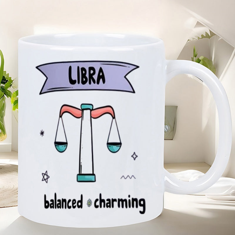 Tailorly White Ceramic 11 oz Mug - Libra Balanced Charming Minimalist Celestial Zodiac Design Featuring A Symmetrical Pink And Teal Balance Scale