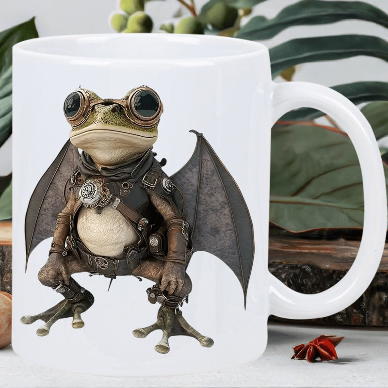 Tailorly White Ceramic 11 oz Mug - Steampunk Mechanical Style Fantasy Flying Creature With Bat Wings And Vintage Goggles Frog