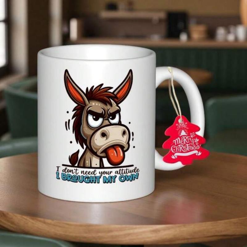 Tailorly White Ceramic 11 oz Mug - I Dont Need Your Attitude I Brought My Own Grumpy Cartoon Character Sticking Tongue Out With Sarcastic Expression Donkey