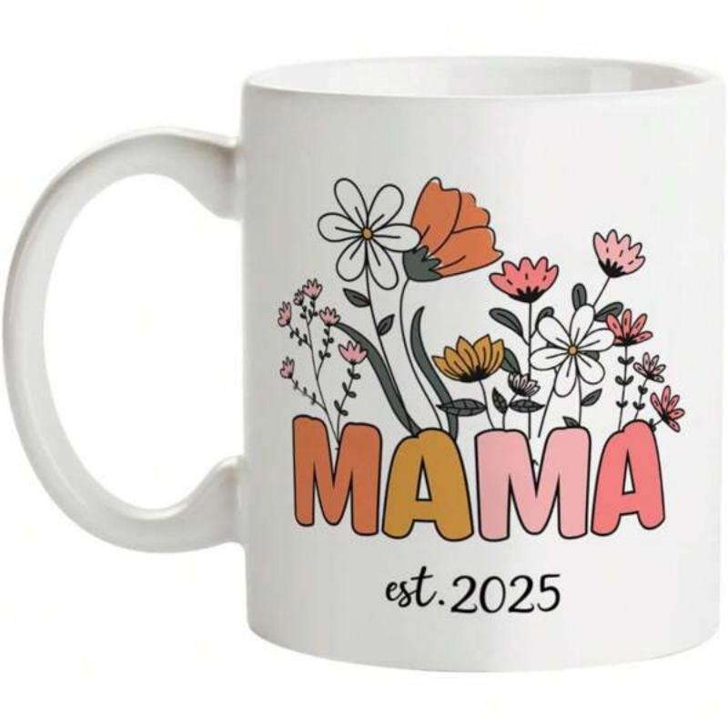 Tailorly White Ceramic 11 oz Mug - Mama Est 2025 Colorful Retro Bubbly Text Blooming With Hand Drawn Pastel Wildflowers Flower