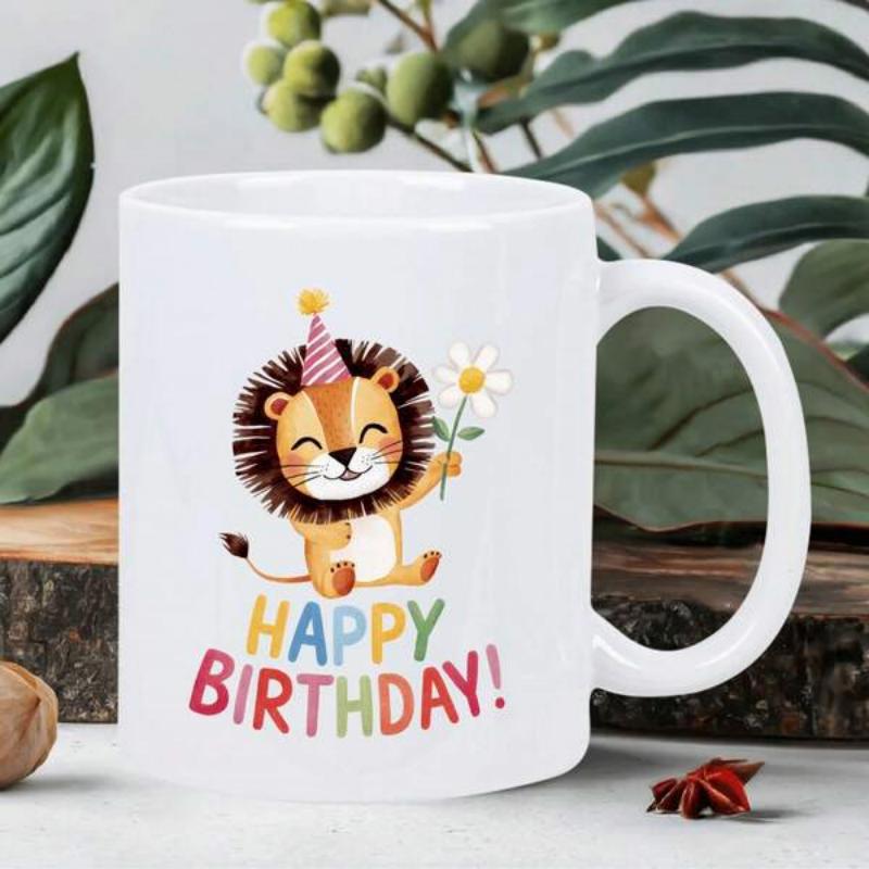 Tailorly White Ceramic 11 oz Mug - Happy Birthday Cute Cartoon Character Wearing Party Hat Holding A Small White Daisy Lion