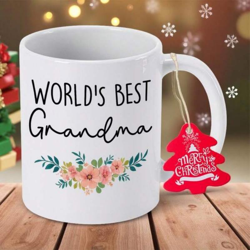 Tailorly White Ceramic 11 oz Mug - Worlds Best Grandma Simple White Ceramic Featuring Elegant Floral Blossoms With Green Leaves Mug