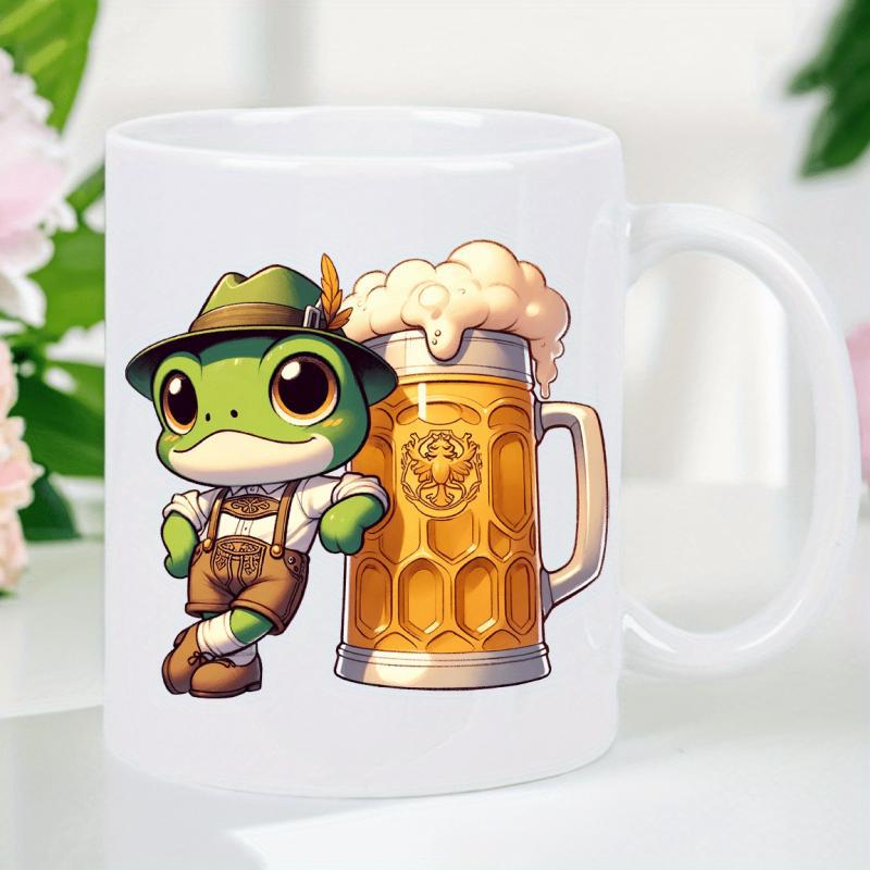 Tailorly White Ceramic 11 oz Mug - Cute Cartoon Frog Wearing Bavarian Hat Leaning Against Chilled Frothy Beer Frog
