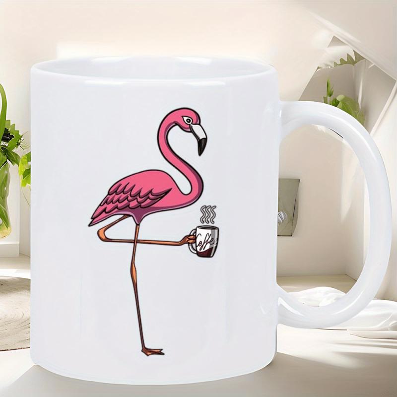 Tailorly White Ceramic 11 oz Mug - Pink Cartoon Flamingo Holding Steaming Cup Of Coffee Standing Gracefully Flamingo